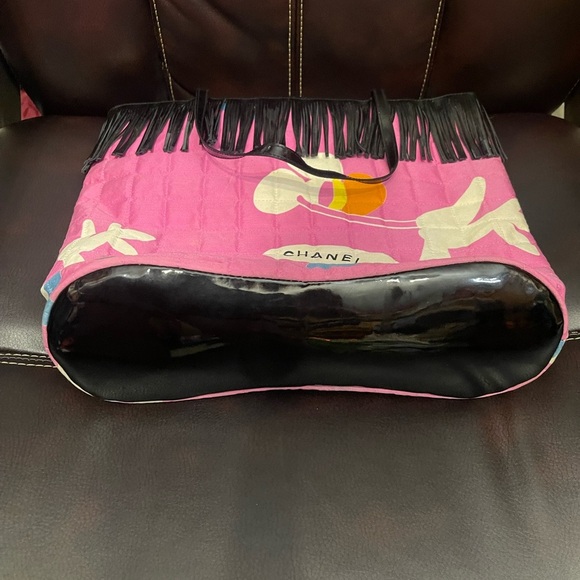 CHANEL vintage Pink Quilted Tote with Black Fringe and Colorful Accents - Picture 5 of 7